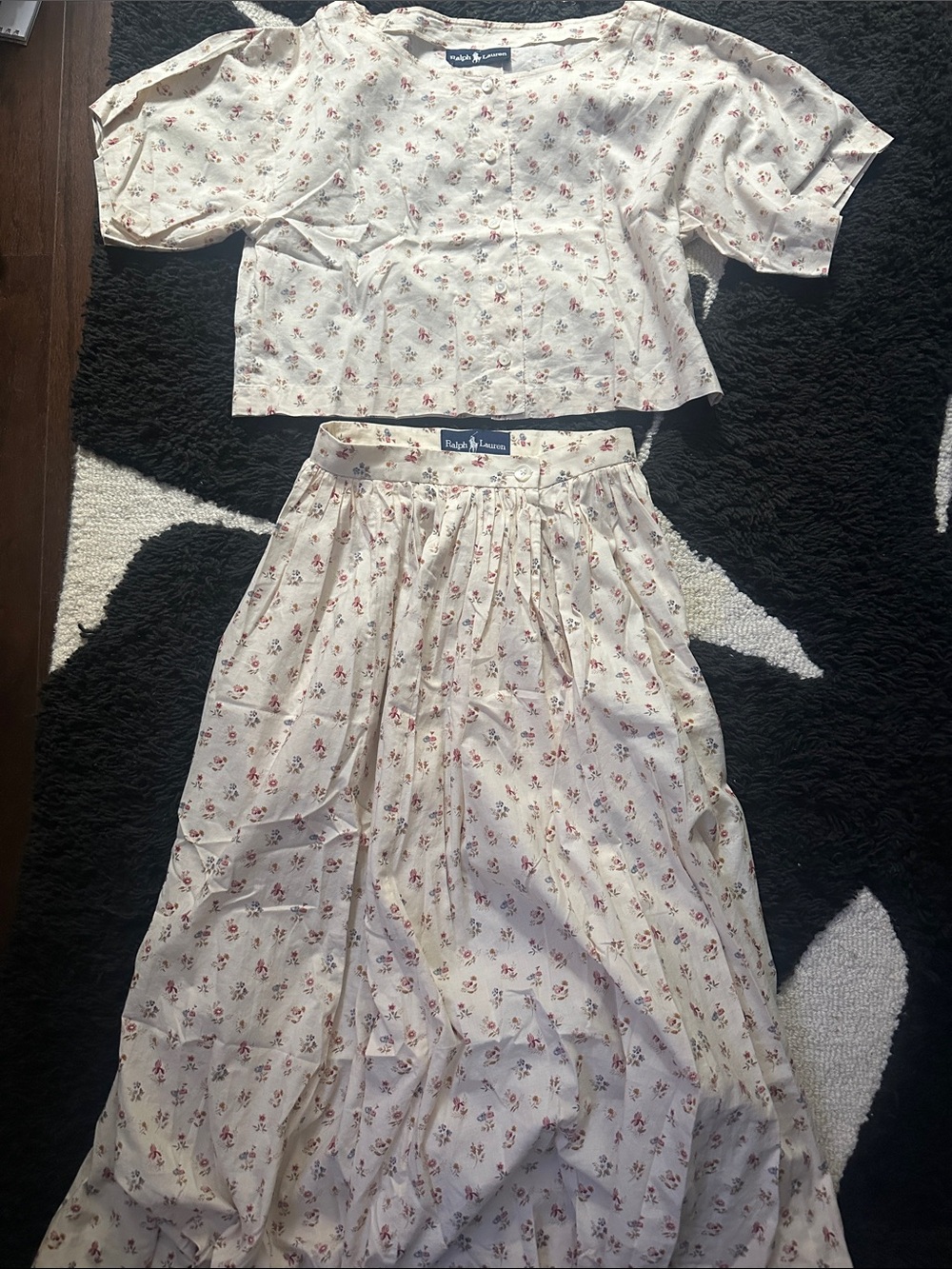 Ralph Lauren vintage Cream Two-Piece Floral Set with Pink Flowers